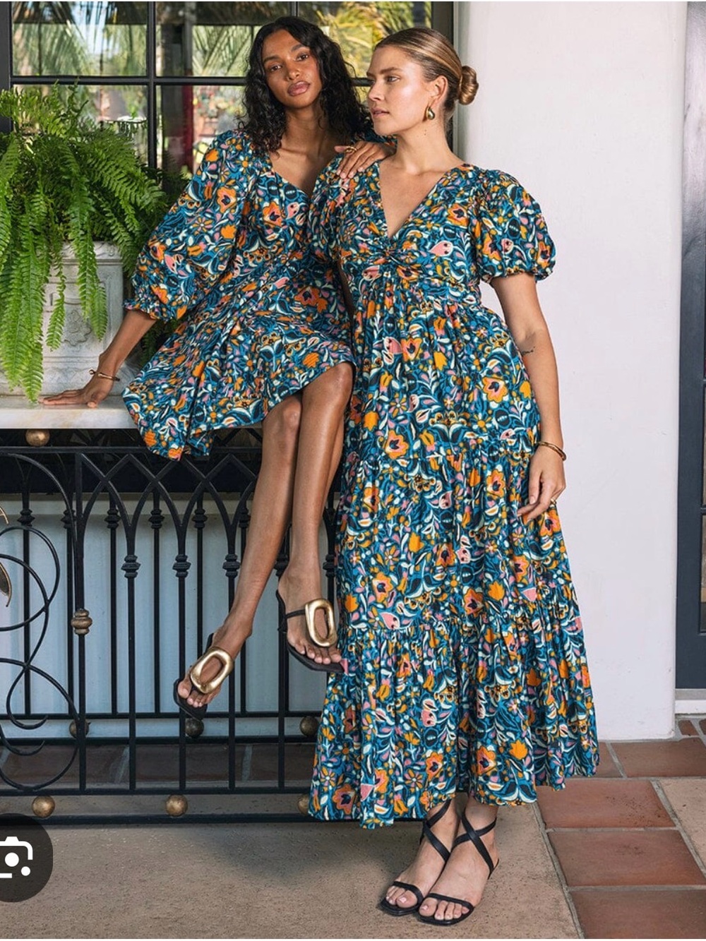 Cleobella Teal Floral Puff-Sleeve Tiered Maxi Dress with Orange Accents